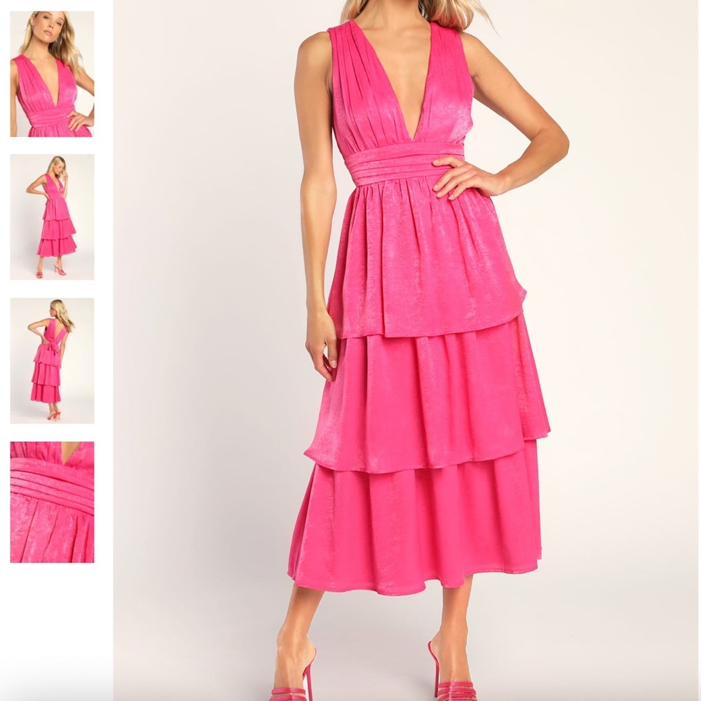 Lulu’s Hot Pink Satin Tiered Midi Dress